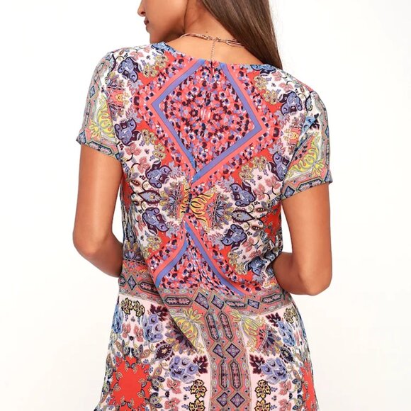 Lulus Sangria Coral Pink Tile Print Shift Dress SIZE LARGE - Picture 3 of 12